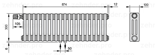 Схема (чертеж) Радиатор Zehnder Charleston 3030/19 №V007 Белый глянцевый RAL 9016
